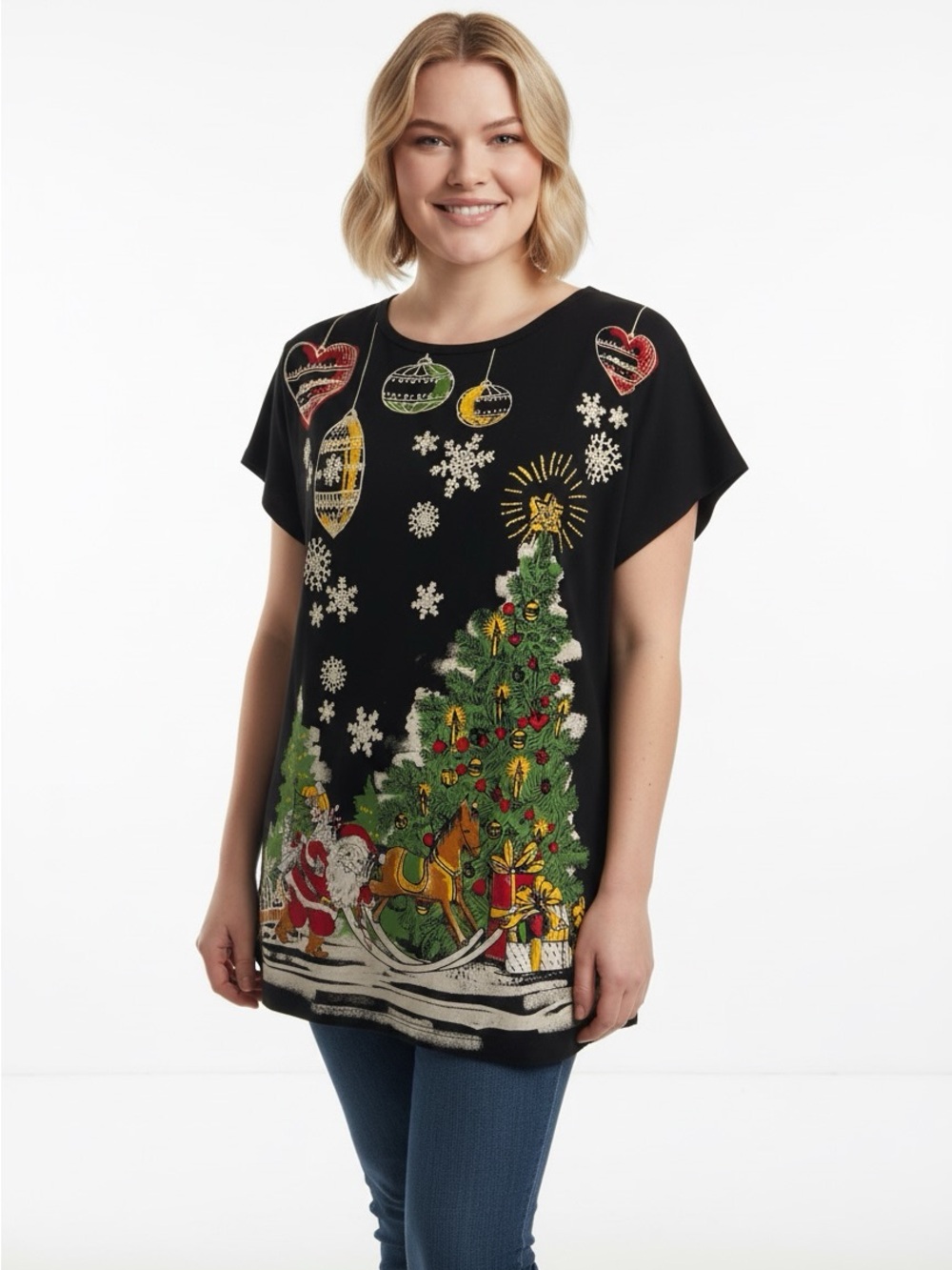 B.L.E.U. Christmas Holiday Graphic Tunic Top XL 100% Cotton Made USA NWOT